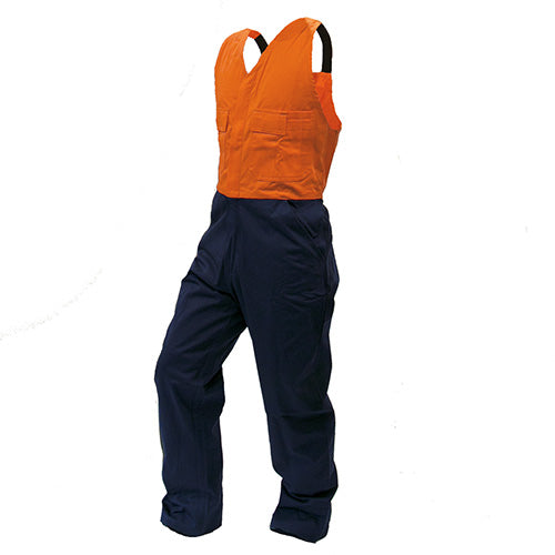 ST Polycotton Bib Overall 240gsm with action back for easy movement, large front pockets including smartphone and pen compartments, and a durable diamond crotch design. Ideal for workplace safety and functionality.