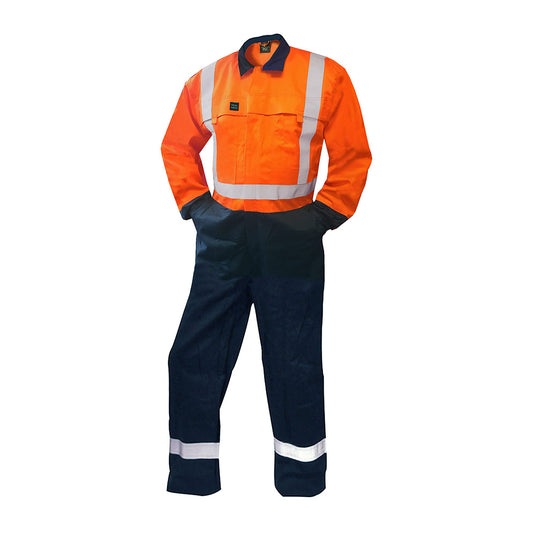 ST Fire Retardant 12cal Taped Overalls, Orange/Navy, showcasing heavy-duty, twin-stitched design with reflective tape, velcro cuffs, and multiple pockets, ideal for safety and durability in demanding work environments.