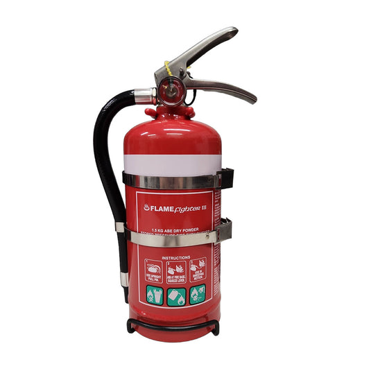 1.5KG ABE Dry Powder Fire Extinguisher, essential for home and office safety, designed for Class A, B, and E fires, featuring a clear white label detailing usage instructions. Ideal for wood, liquid, and electrical fires.