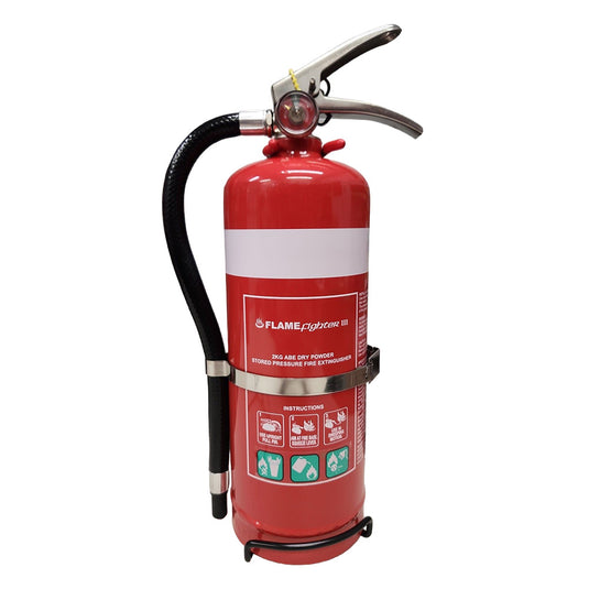 2KG ABE Dry Powder Fire Extinguisher with white stripe and hose, ideal for wood, flammable liquids, and electrical fires. Suitable for home, office, and commercial use.
