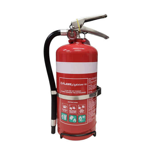 2.5KG ABE Dry Powder Fire Extinguisher shown with a white label, ideal for Class A, B, and E fires involving wood, flammable liquids, and electrical equipment, suitable for home, office, and commercial use.