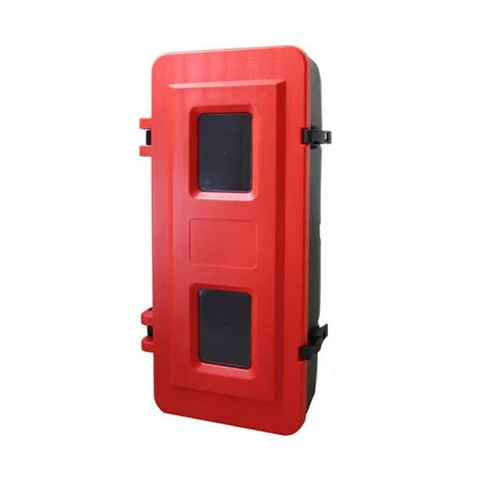 Fire Extinguisher Cabinet, Plastic: 9kg, shown as a red, rectangular housing with two viewing windows and clip latches, designed for quick access and secure storage of safety equipment.