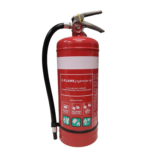 4.5KG ABE Dry Powder Fire Extinguisher featuring a black handle, hose, and visible pressure gauge, ideal for Class A, B, and E fires, suitable for home, office, and commercial safety use.
