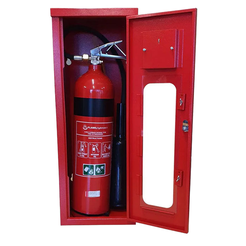 Load image into Gallery viewer, Flamefighter Lockable Extinguisher Cabinet, a robust galvanised steel cabinet showcasing a red powder-coated finish. Features a breakable glass window, lock and key access, fitting extinguishers up to 9kg.