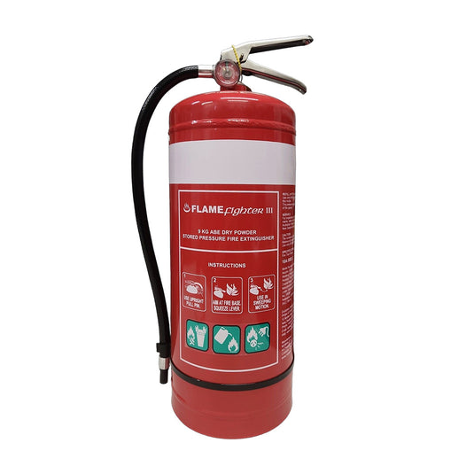 9KG ABE Dry Powder Fire Extinguisher with hose and gauge, ideal for Class A, B, and E fires, suitable for home, office, and commercial safety. Features clear instructions on the container.