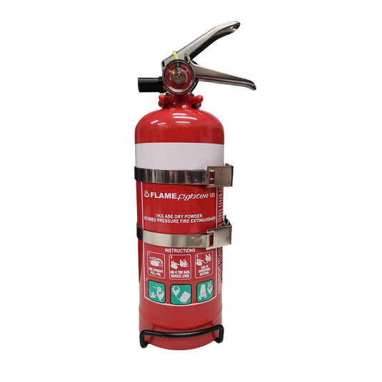 1KG ABE Dry Powder Fire Extinguisher, designed for Class A, B, and E fires, ideal for home or workplace safety, featuring a compact red cylinder with a pressure gauge for easy monitoring.