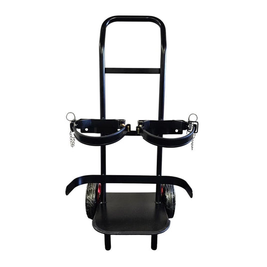 Portable 9kg Double Fire Extinguisher Trolley with two adjustable rings and locking pins, designed for transporting two cylinders securely. Features ergonomic handles and heavy-duty wheels for easy mobility in safety-focused environments.