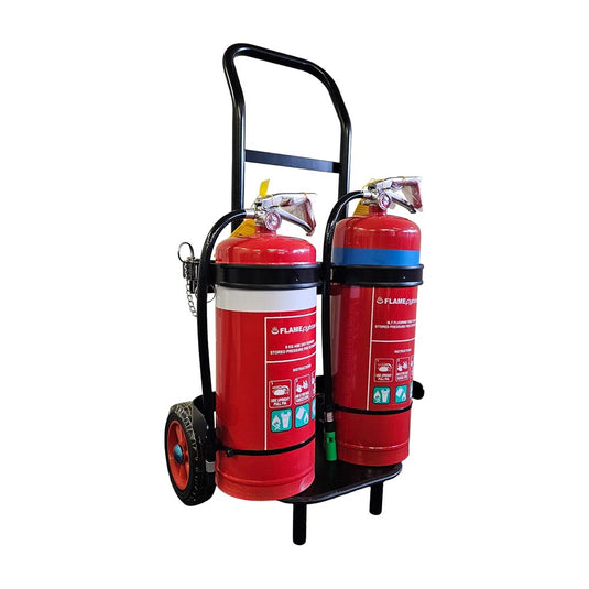 Portable 9kg Double Fire Extinguisher Trolley with two mounted extinguishers, ergonomic handle, and heavy-duty wheels for easy transport. Ideal for swift emergency response in industrial settings.