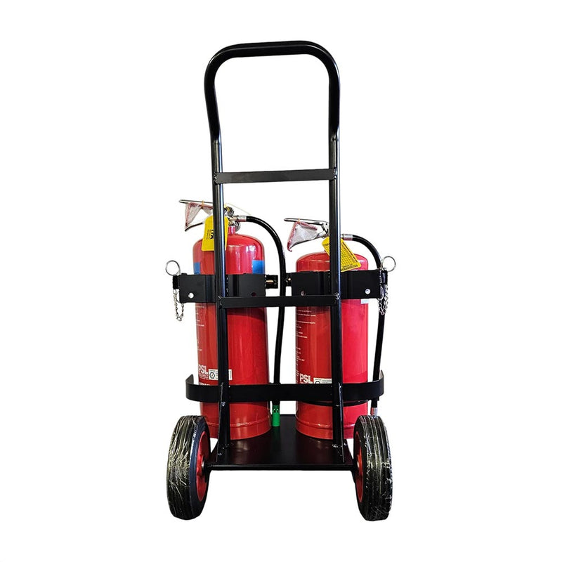 Load image into Gallery viewer, Portable 9kg Double Fire Extinguisher Trolley featuring two cylinders on a sturdy wheeled cart with U-shaped handle and securing brackets; designed for rapid deployment in high-risk environments.