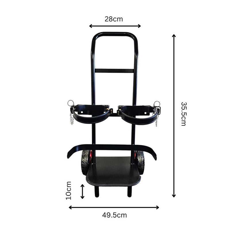 Load image into Gallery viewer, Portable 9kg Double Fire Extinguisher Trolley designed for industrial use, features a black powder-coated steel frame, ergonomic H-style handle, dual ring clamps, and rugged wheels for easy transport of two gas cylinders.