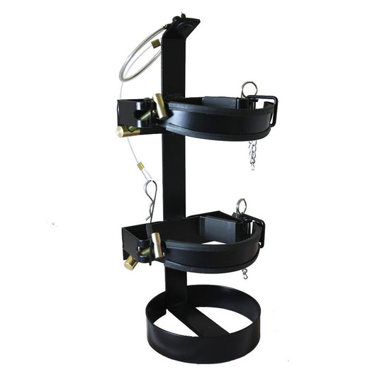 Heavy Duty 4.5KG ABE Fire Extinguisher Bracket featuring a black metal structure with chains, adjustable securing mounts, and a raised base plate for extinguisher stability. Ideal for safety equipment needs.