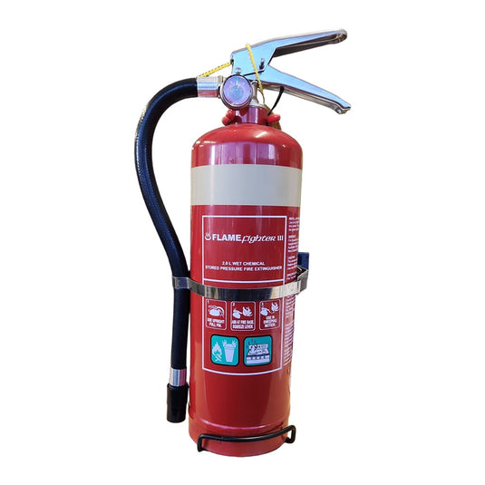 2 Litre Wet Chemical Fire Extinguisher with flexible discharge hose, designed for kitchens to handle fat or oil fires, featuring a stainless steel cylinder and supplied with a mounting bracket.