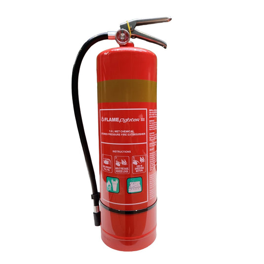 7 Litre Wet Chemical Fire Extinguisher with attached hose, ideal for restaurant and kitchen use. Suitable for fat or oil fires, reflecting Active Safety's focus on workplace safety products.