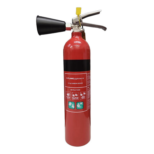 2KG Carbon Dioxide Fire Extinguisher with a black handle and hose nozzle, designed for Class B & E fires. Features a powder-coated aluminum cylinder and includes a wall-mounting bracket for easy installation.