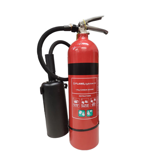 3.5KG Carbon Dioxide Fire Extinguisher with a black hose and cylinder, designed for Class B & E fires. Features powder-coated aluminium construction and comes with a wall mounting bracket for easy installation.