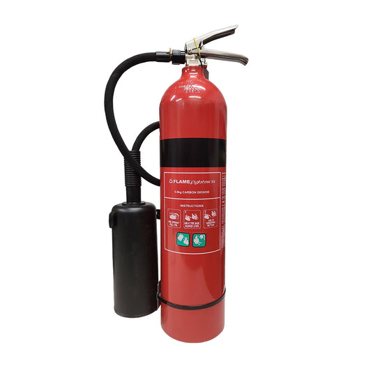 5KG Carbon Dioxide Fire Extinguisher featuring a black hose and nozzle, designed for Class B & E fires, ideal for environments needing clean, non-contaminating fire suppression.