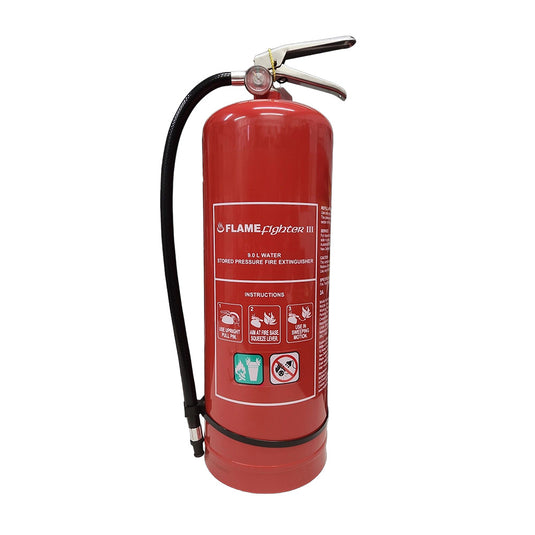 9 Litre Water Fire Extinguisher with a black hose and visible gauge, ideal for Class A fires in workplaces like offices and retail shops, available from New Zealand's safety expert, Active Safety.