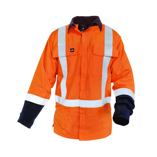 Close-up of the ST Fire Retardant 11cal TTMC-W17 Jacket, showcasing its high-visibility reflective tape, durable velcro closures, and flame-retardant fabric, ideal for safety-focused work environments.