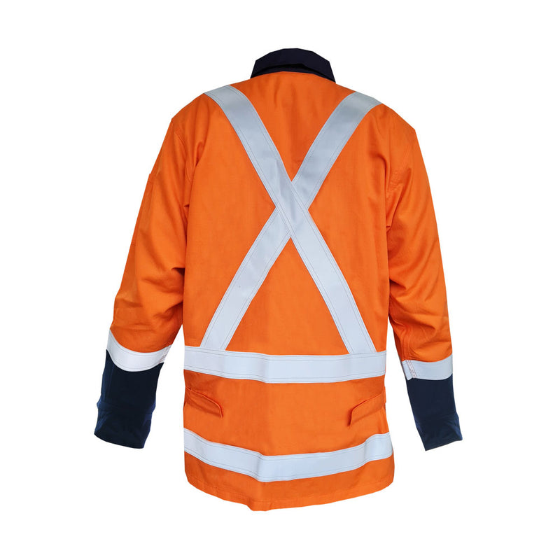 Load image into Gallery viewer, Close-up of a person's arm wearing the ST Fire Retardant 11cal TTMC-W17 Jacket, showcasing its reflective tape, velcro adjustable cuffs, and contrast navy collar, exemplifying safety-focused design elements from Active Safety.