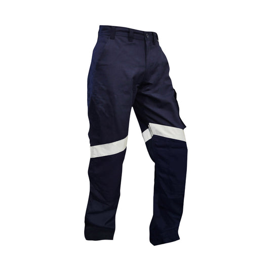 FR 11cal Cargo Pants 240gsm Taped, Navy, featuring a FR zipped front, large side pockets, diamond crotch, elastic waistband, reflective tape, and reinforced knee pad pockets, ideal for safety-focused work environments.