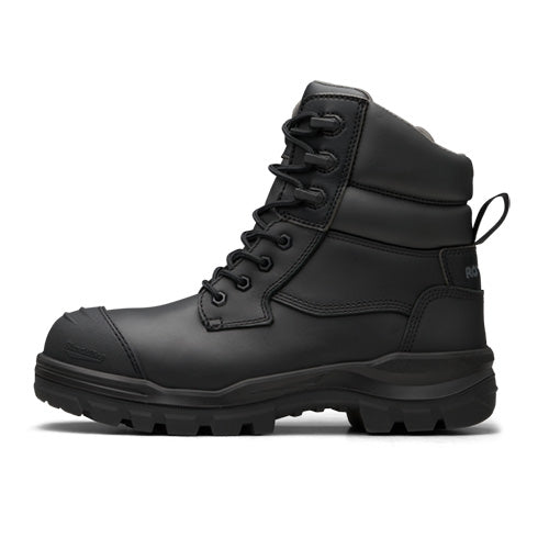 Blundstone RotoFlex 8561 Safety Boots feature a black lace-up design with a composite toe cap, durable zip, and TPU outsole, ideal for workplace safety and comfort.