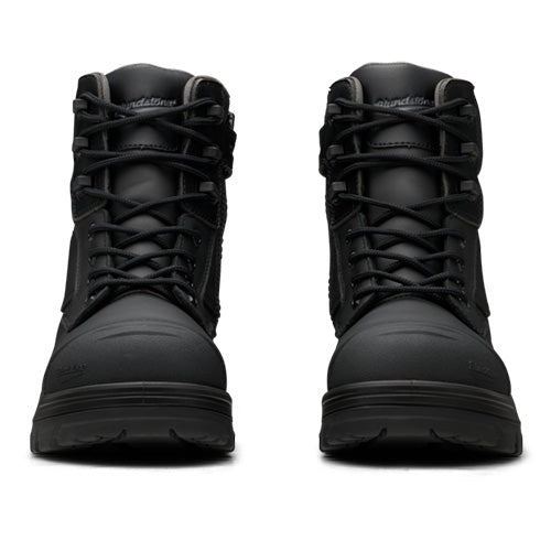 Blundstone RotoFlex 8561 Safety Boots featuring a black water-resistant nubuck leather upper, 6 eyelet lace-up design, durable zip, TPU toe guard, and Fortalite composite toe cap for lightweight protection.