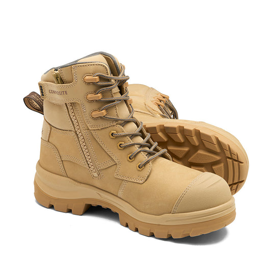 Blundstone Rotoflex 8564 Safety Boots feature a 150mm desert sand nubuck leather upper, composite toe cap, recycled PET lining, and a durable zip, ideal for safety and comfort in challenging environments.