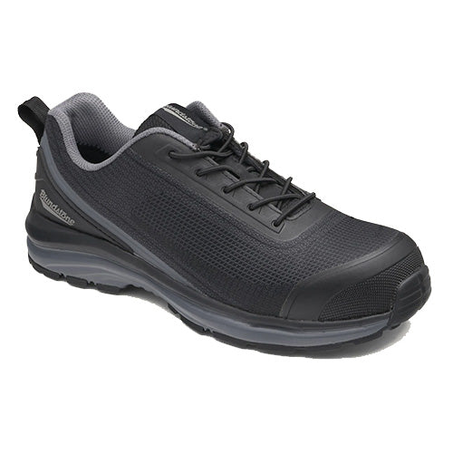 Blundstone 883 Safety Shoes for women feature a black nylon upper, grey lining, composite toe cap, and elasticated laces, designed for comfort and safety with impact protection and slip-resistant outsole.