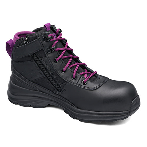 Blundstone 887 Womens Safety Boots featuring a black leather upper with purple laces, neoprene collar, and side zip. Ideal for work and play, offering safety and comfort in a stylish design.