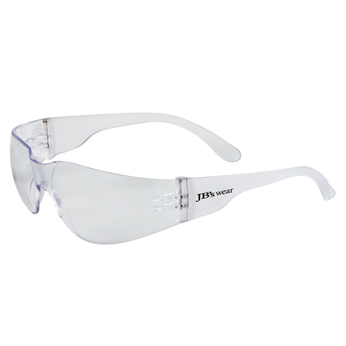 JB's Saver Spec: Clear safety glasses, featuring a clear rim and wrap-around design, offer anti-fog and anti-scratch protection with UV400 lenses, ideal for various face shapes, ensuring comfort and unobstructed vision.