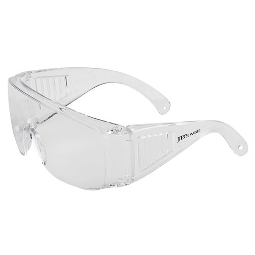 JB's Visitor Safety Glasses: Clear, showcasing medium impact-resistant, vented side temples, designed to fit over prescription glasses for comfortable and comprehensive eye protection, ideal for workplace safety and visitor use.