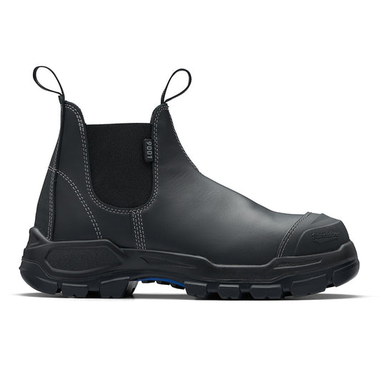 Blundstone RotoFlex 9001 Safety Boots featuring a black water-resistant leather upper, heavy-duty toe guard, and GripTek® rubber outsole, designed for durability and comfort in various terrains.