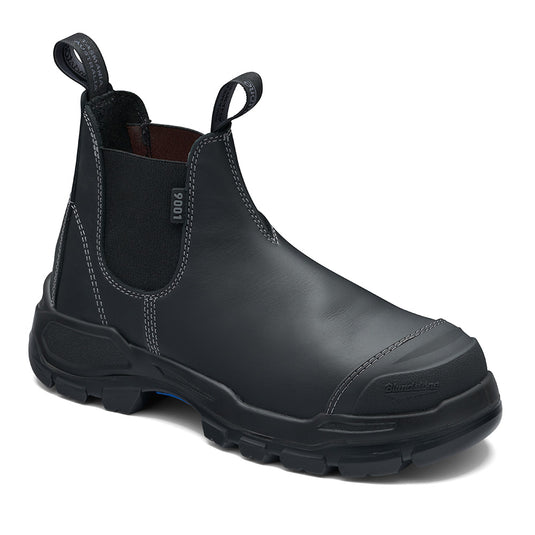 Blundstone RotoFlex 9001 Safety Boots featuring a black water-resistant leather upper, white stitching, and a heavy-duty TPU toe guard, designed for superior protection and comfort.