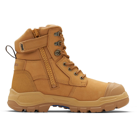 Blundstone RotoFlex 9060 Safety Boots showcasing a close-up of their durable zip, suede nubuck leather, and robust lace system, designed for safety and comfort in workplace environments.