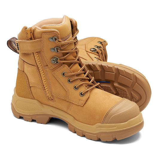 Blundstone RotoFlex 9060 Safety Boots showcasing a durable wheat nubuck leather upper, featuring a seven-row lacing system, heavy-duty zip, and GripTek® rubber outsole for enhanced protection and comfort.