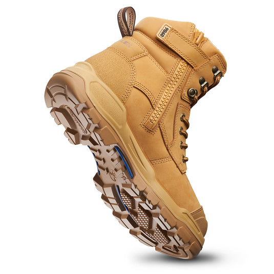 Blundstone RotoFlex 9060 Safety Boots feature a wheat water-resistant nubuck leather upper, seven rows of lacing hardware, and a durable TPU toe guard, epitomizing Active Safety's robust, reliable safety footwear.