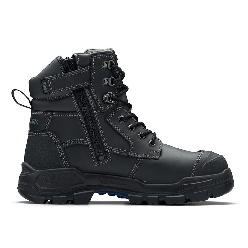 Load image into Gallery viewer, Blundstone RotoFlex 9061 Safety Boots feature a black water-resistant leather upper with a side zip, seven lacing rows, and a durable TPU toe guard, ideal for safety and comfort.
