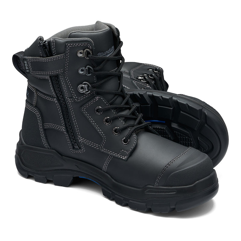 Load image into Gallery viewer, Blundstone RotoFlex 9061 Safety Boots in black, featuring a 150mm water-resistant leather upper, durable zip, recycled PET lining and laces, TPU toe guard, and steel toe cap for superior protection.