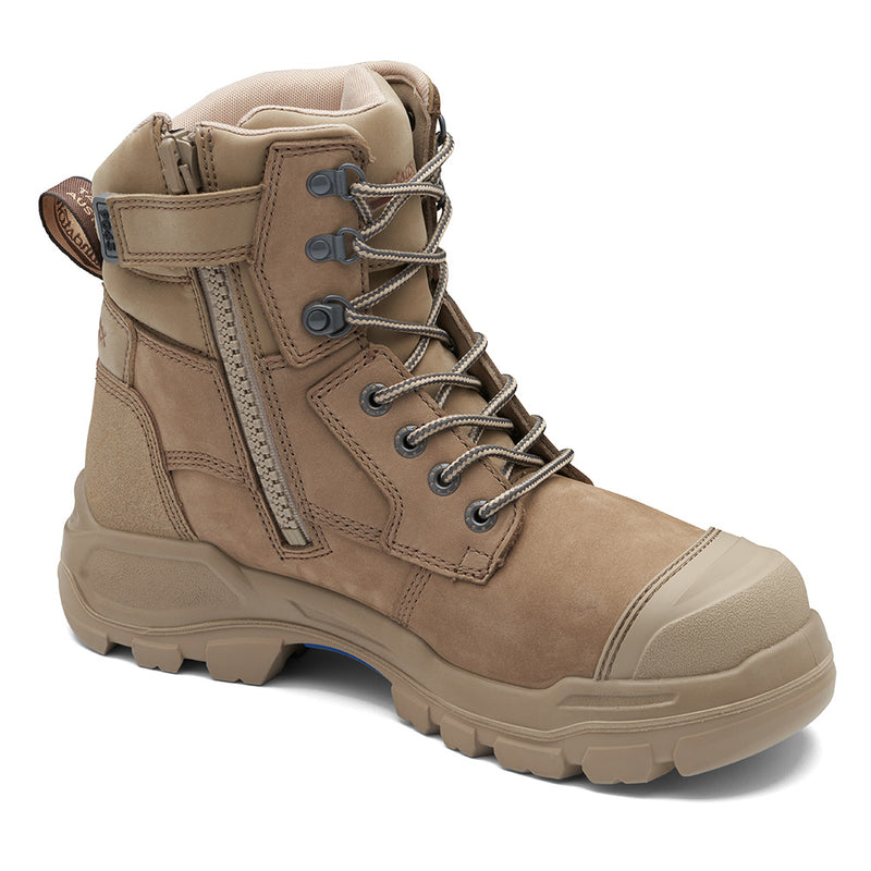 Load image into Gallery viewer, Blundstone RotoFlex 9063 Safety Boots showcase a stone water-resistant nubuck leather upper with a heavy-duty zip, steel toe cap, and durable GripTek® outsole, epitomizing premium comfort and protection.