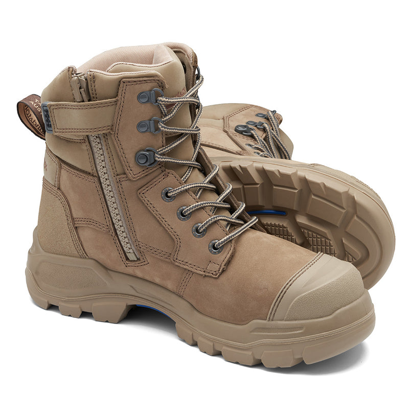 Load image into Gallery viewer, Blundstone RotoFlex 9063 Safety Boots showcasing a robust stone nubuck leather design. Features include a durable zip, seven lacing rows, and a reinforced toe cap, embodying premium comfort and protection.