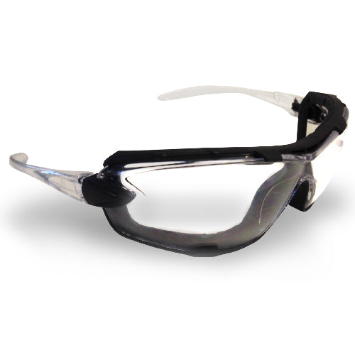 Pro Ambush Foam Bound Spec: Clear safety glasses feature a durable nylon frame and optically correct lenses. Enhanced with anti-fog/anti-scratch coatings and adjustable arms for a secure, comfortable fit.