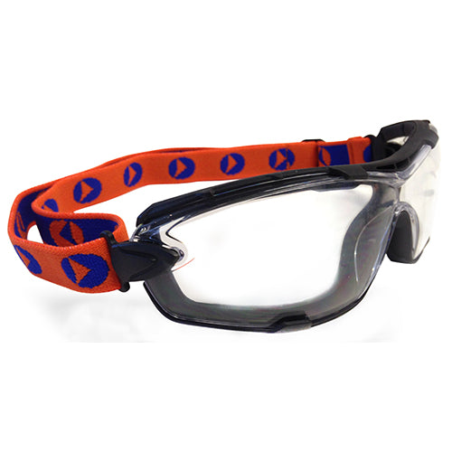 Pro Ambush Foam Bound Spec: Clear safety goggles featuring a durable nylon frame with a foam gasket, interchangeable strap, and anti-fog lenses for enhanced protection and comfort, ideal for active safety needs.