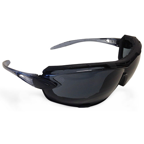 Load image into Gallery viewer, Pro Ambush Foam Bound Spec: Smoke sunglasses with sleek design, featuring adjustable arms and interchangeable strap for a secure fit, offering superior dust protection and 99.9% UV coverage, ideal for safety and outdoor activities.