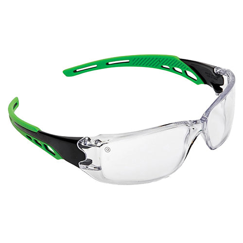 Pro Cirrus Safety Glasses: Clear, featuring anti-fog, anti-scratch lenses with ergonomic design and flexible soft temple arms, ideal for medium impact protection and 99.9% UV defense.