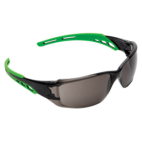 Pro Cirrus Safety Glasses: Smoke, featuring green lenses, ergonomic design, and flexible temple arms for enhanced comfort and grip. Offers 99.9% UV protection with anti-fog, anti-scratch lenses.