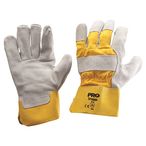 Pro Trojan Heavy Duty Leather Gloves featuring durable cow split palm, yellow safety cuff, and knuckle bar. Ideal for maintenance, gardening, and construction, offering superior protection and versatility.