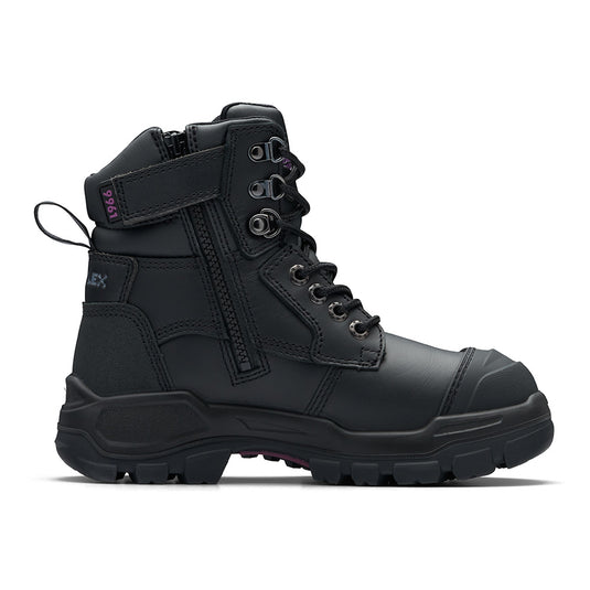 Blundstone RotoFlex 9961 Women's Safety Boots featuring a black water-resistant leather upper with seven rows of laces, side zipper, and durable outsole for enhanced grip and protection.