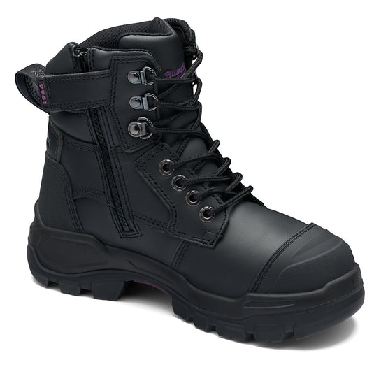 Blundstone RotoFlex 9961 Women's Safety Boots featuring black water-resistant leather, durable GripTek® outsole, heavy-duty zip, and seven-row lacing for ultimate protection and comfort on any terrain.
