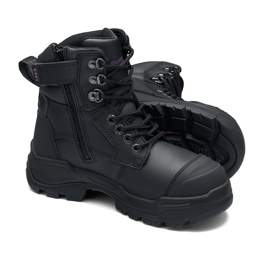 Blundstone RotoFlex 9961 Women's Safety Boots feature black water-resistant leather, seven-row lacing with recycled PET laces, a durable zip, and a heavy-duty rubber outsole for optimum grip and protection.
