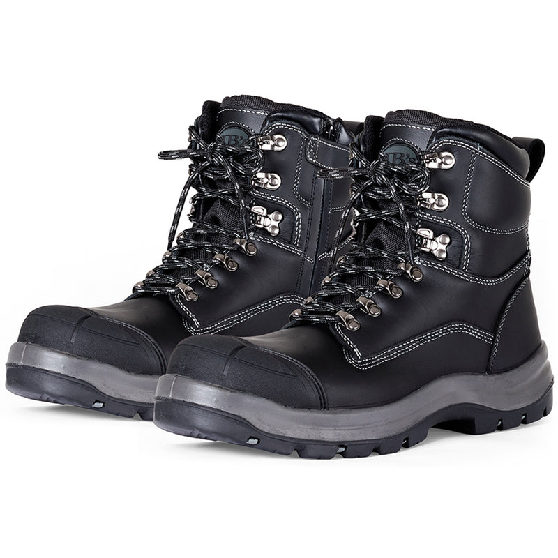 Load image into Gallery viewer, JB's Zip Side Safety Boots, Black, featuring a sturdy design with a composite toe cap, slip-resistant sole, visible zipper, and intricate lacing, ideal for demanding work environments.